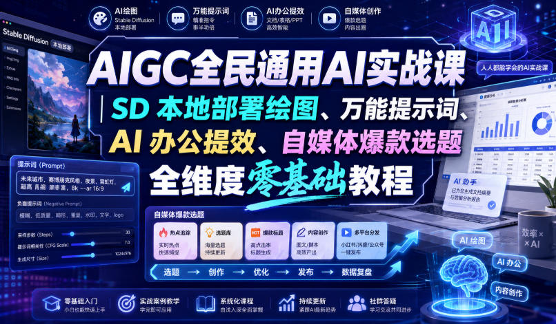 AIGC全民通用AI实战课｜SD本地部署绘图、万能提示词、AI办公提效、自媒体爆款选题全维度零基础教程-易创网