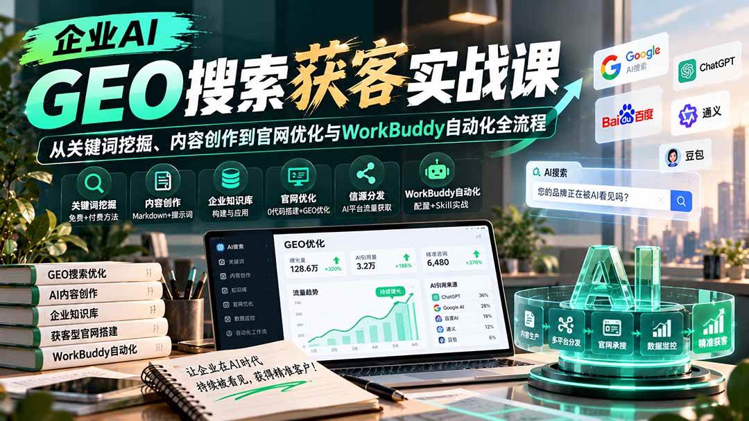 （20643期）企业AI GEO搜索获客实战课：从关键词挖掘、内容创作到官网优化与WorkBuddy自动化全流程-易创网