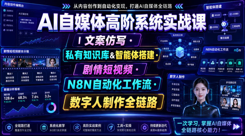 AI自媒体高阶系统实战课｜文案仿写・私有知识库&智能体搭建・剧情短视频・N8N自动化工作流・数字人制作全链路-易创网