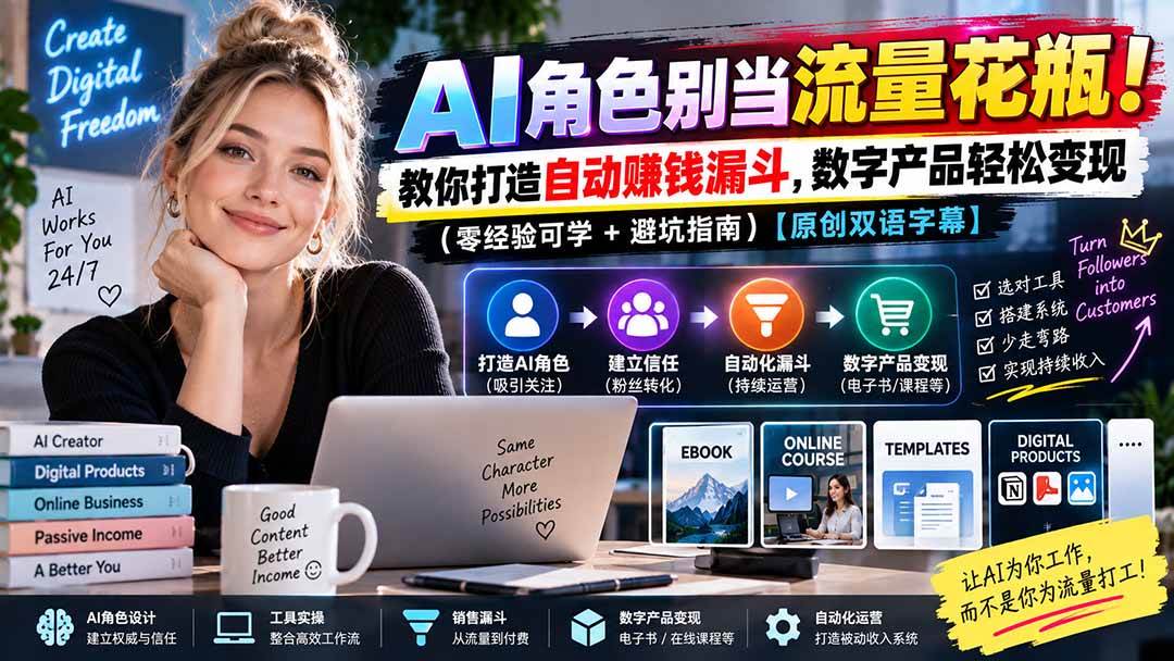 （20475期）AI角色别当流量花瓶！教你打造自动赚钱漏斗，数字产品轻松变现（零经验可学+避坑指南）【原创双语字幕】-易创网