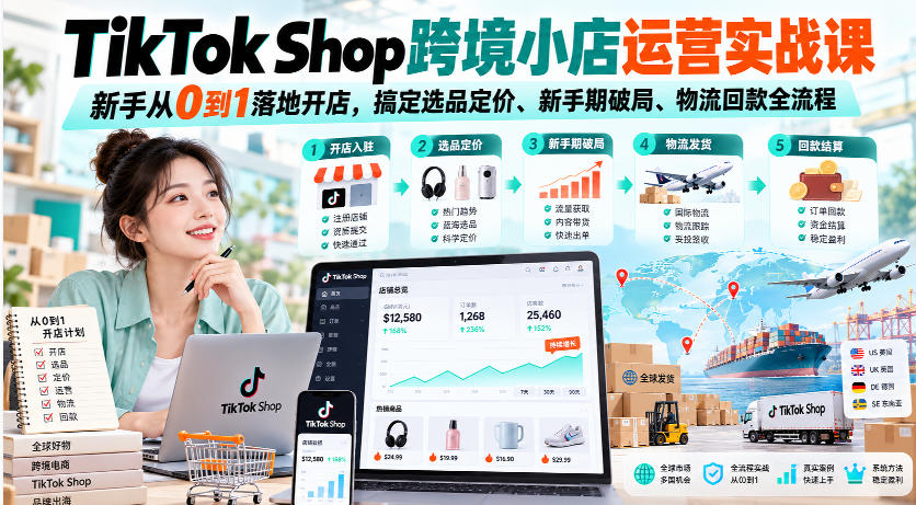 TikTok Shop跨境小店运营实战课，新手从0到1落地开店，搞定选品定价、新手期破局、物流回款全流程-易创网