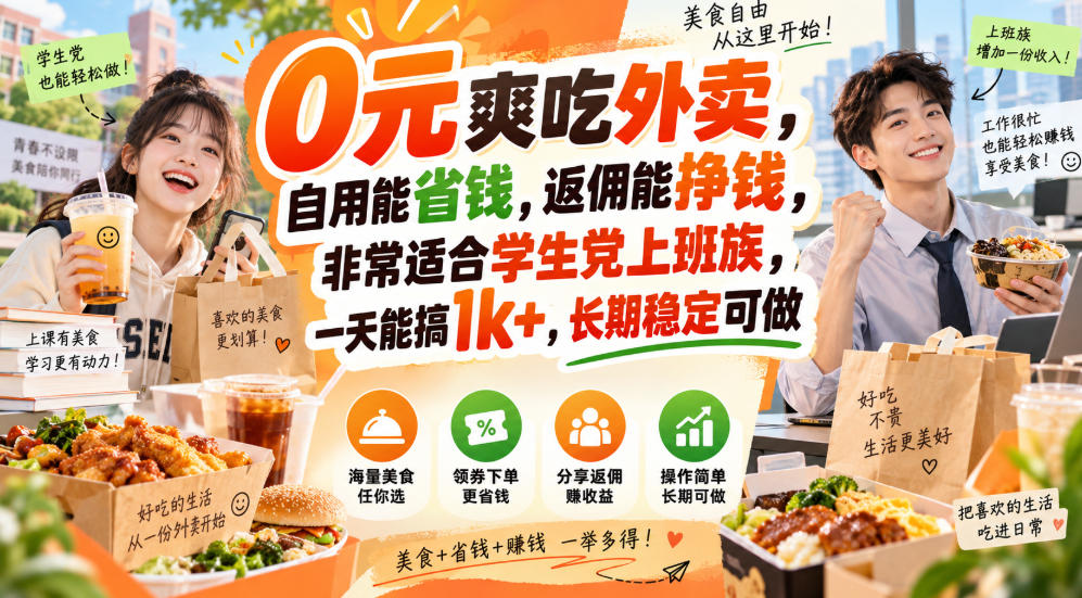 0元爽吃外卖，自用能省钱，返佣能挣钱，非常适合学生党上班族，一天能搞1k+，长期稳定可做-易创网