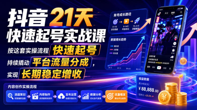 抖音21天快速起号实战课，按这套实操流程快速起号，持续撬动平台流量分成，实现长期稳定增收-易创网