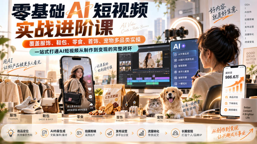 零基础AI短视频实战进阶课，覆盖服饰、鞋包、零食、首饰、宠物多品类实操，一站式打通AI短视频从制作到变现的完整闭环-易创网