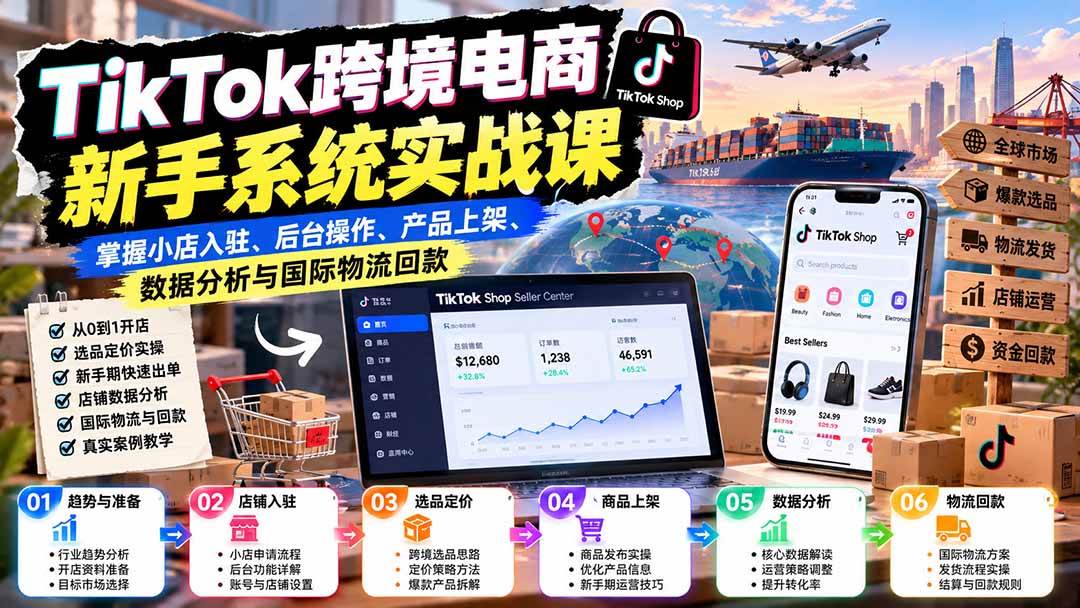 （20672期）TikTok跨境电商新手系统实战课：掌握小店入驻、后台操作、产品上架、数据分析与国际物流回款-易创网