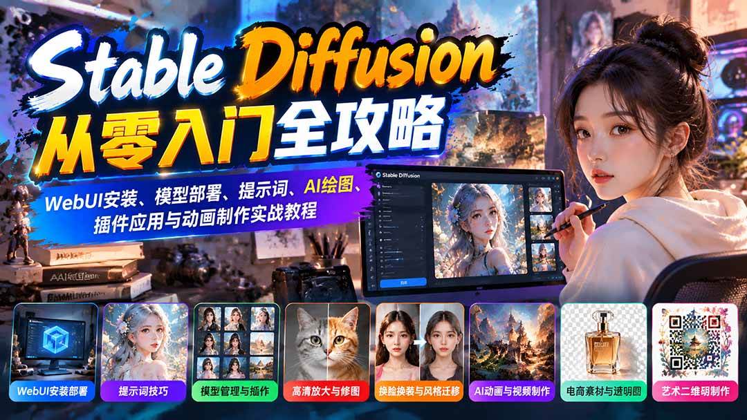 （21062期）Stable Diffusion从零入门全攻略：WebUI安装、模型部署、提示词、AI绘图、插件应用与动画制作实战教程-易创网