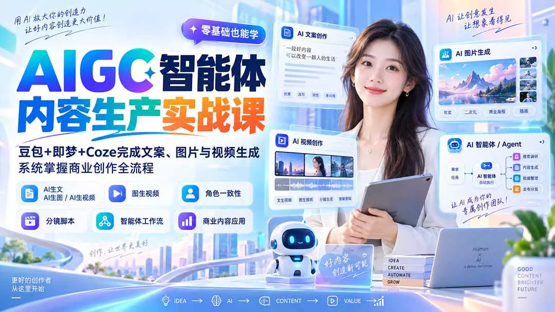 AIGC智能体内容生产实战课：豆包+即梦+Coze完成文案、图片与视频生成，系统掌握商业创作全流程-易创网