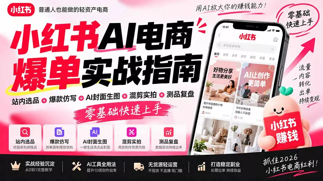 2026小红书AI电商爆单实战指南：站内选品+爆款仿写+AI封面生图+混剪实拍+测品复盘，零基础快速上手-易创网