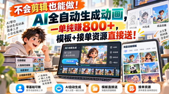 不会剪辑也能做！AI全自动生成动画，一单纯賺800+，模板+接单资源直接送！【揭秘】-易创网