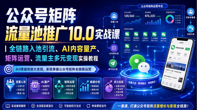 公众号矩阵流量池推广10.0实战课｜全链路入池引流、AI内容量产、矩阵运营、流量主多元变现实操教程-易创网