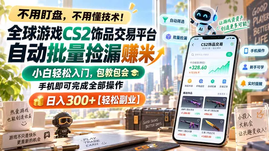 全球游戏CS2饰品交易平台自动批量捡漏赚米，小白轻松入门，包教包会，手机即可完成全部操作，日入300+【轻松副业】-易创网
