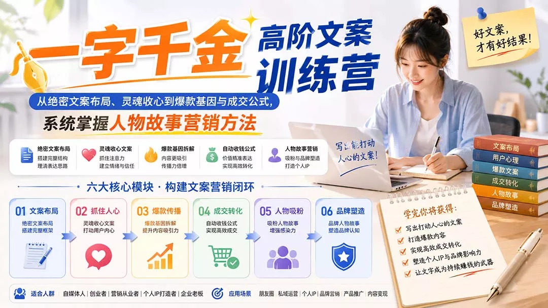 一字千金高阶文案训练营：从绝密文案布局、灵魂收心到爆款基因与成交公式，系统掌握人物故事营销方法-易创网