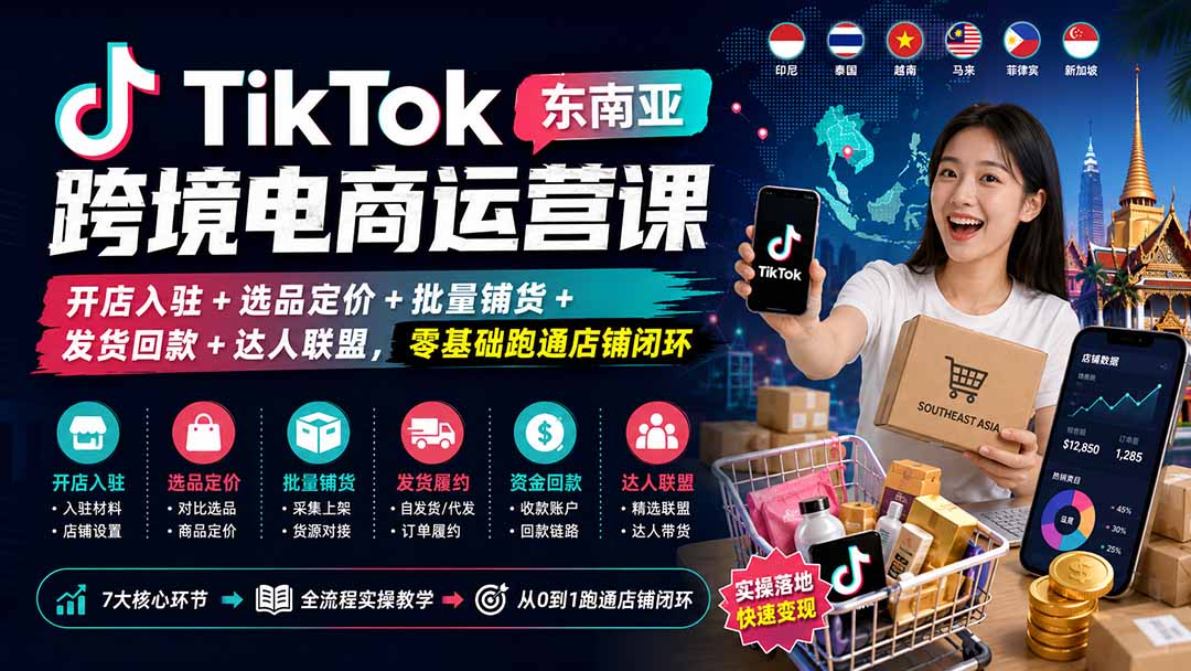 TikTok东南亚跨境电商运营课：开店入驻+选品定价+批量铺货+发货回款+达人联盟，零基础跑通店铺闭环-易创网