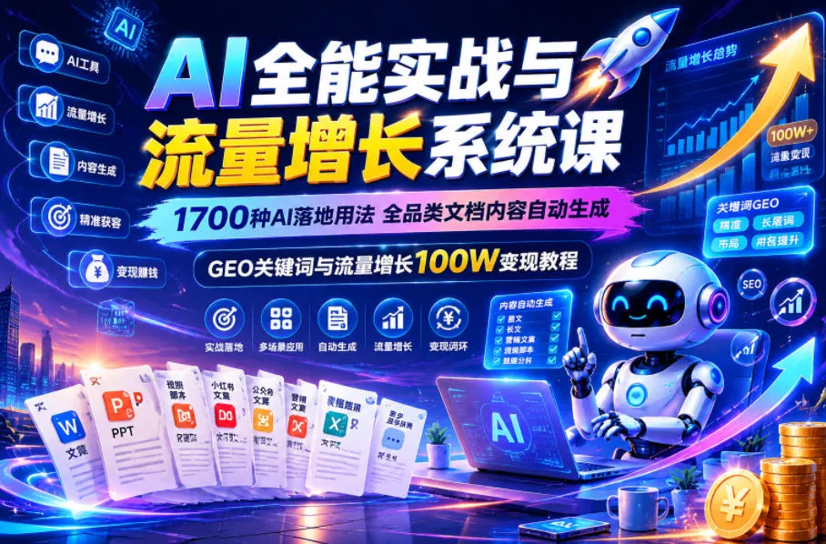 AI全能实战与流量增长系统课，1700种AI落地用法，全品类文档内容自动生成，GEO关键词与流量增长100W变现教程-易创网