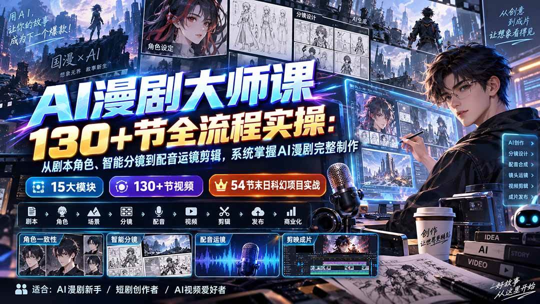 （20326期）AI漫剧大师课130+节全流程实操：从剧本角色、智能分镜到配音运镜剪辑，系统掌握AI漫剧完整制作-易创网