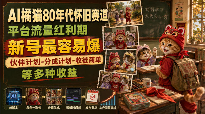 AI橘猫80年代怀旧赛道，平台流量红利期，新号最容易爆，伙伴计划-分成计划-收徒商单等多种收益-易创网