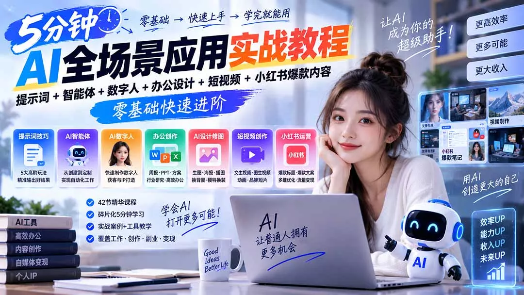 AI全场景应用实战教程｜提示词+智能体+数字人+办公设计+短视频+小红书爆款内容，零基础快速进阶-易创网