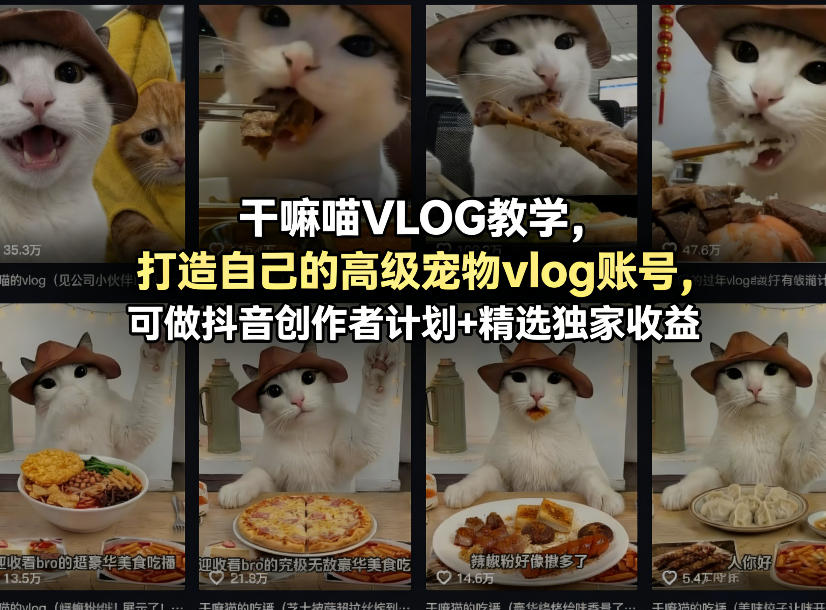 干嘛喵VLOG教学，打造自己的高级宠物vlog账号，可做抖音创作者计划+精选独家收益-易创网