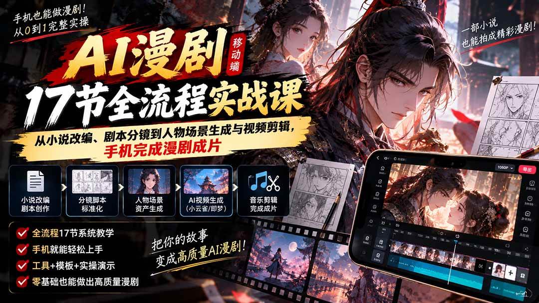 （20624期）AI漫剧移动端17节全流程实战课：从小说改编、剧本分镜到人物场景生成与视频剪辑，手机完成漫剧成片-易创网