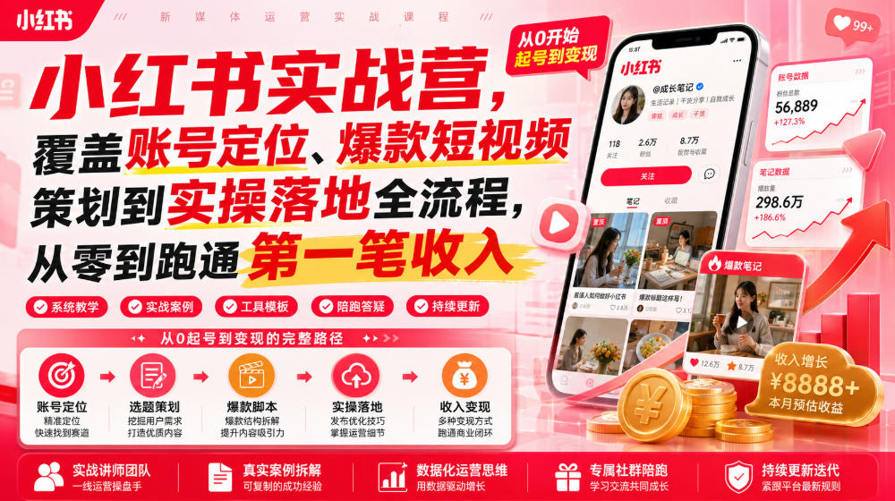 小红书实战营，覆盖账号定位、爆款短视频策划到实操落地全流程，从零到跑通第一笔收入-易创网