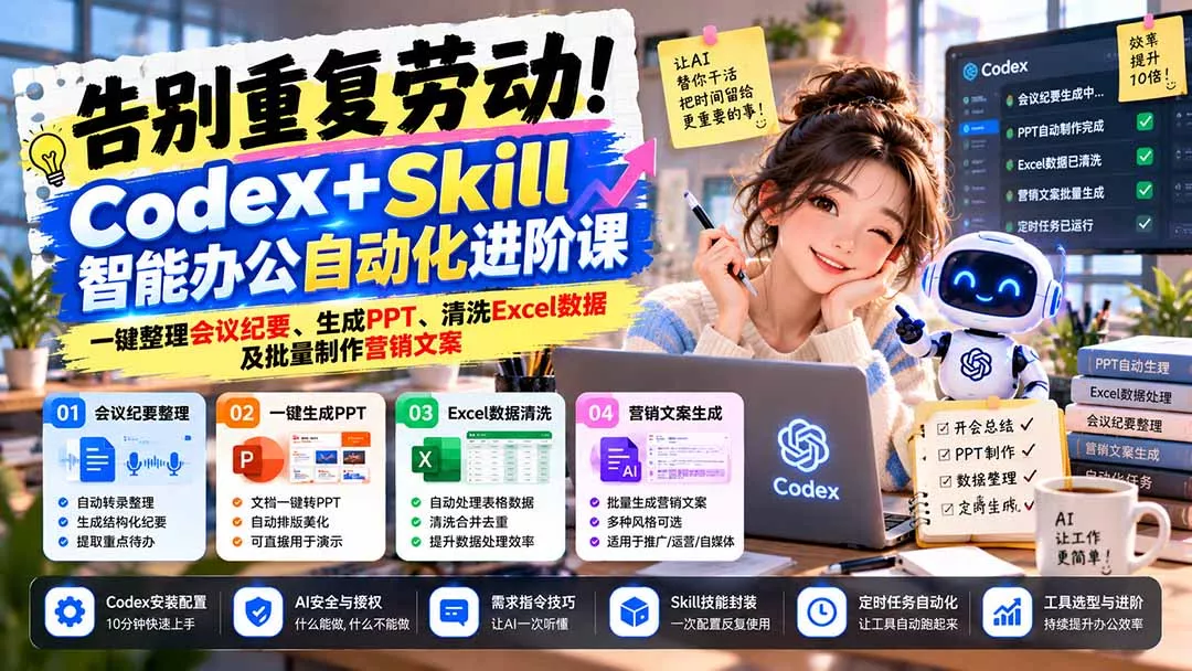 告别重复劳动！Codex+Skill智能办公自动化进阶课：一键整理会议纪要、生成PPT、清洗Excel数据及批量制作营销文案-易创网