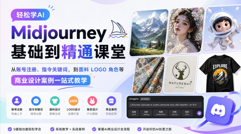 轻松学AI Midjourney基础到精通课堂，从账号注册、指令关键词，到面料LOGO角色等商业设计案例一站式教学-易创网