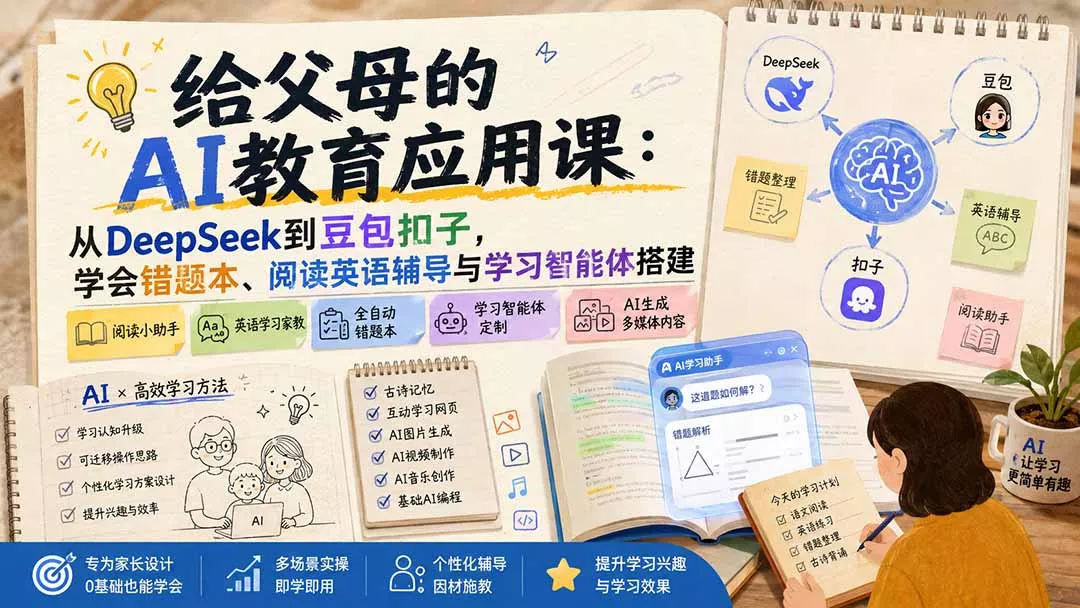 给父母的AI教育应用课：从DeepSeek到豆包扣子，学会错题本、阅读英语辅导与学习智能体搭建-易创网