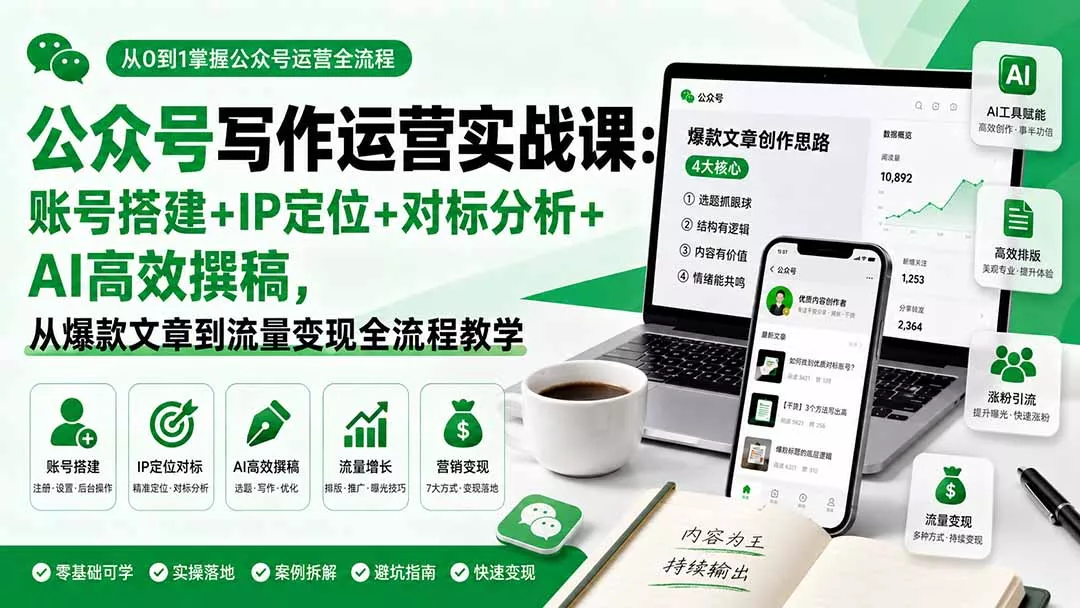 公众号写作运营实战课：账号搭建+IP定位+对标分析+AI高效撰稿，从爆款文章到流量变现全流程教学-易创网