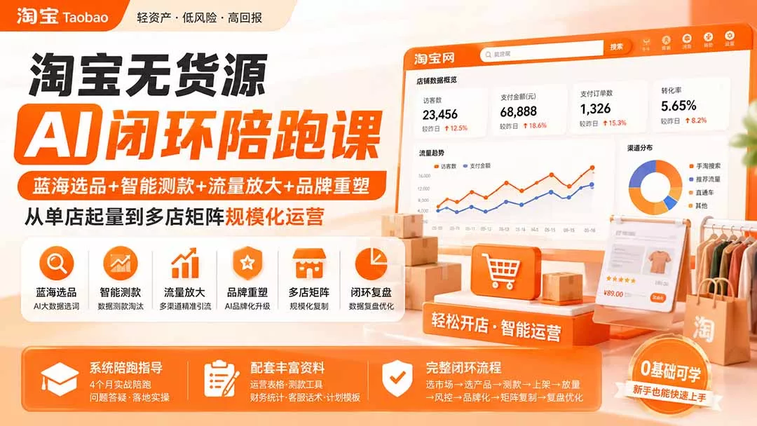 淘宝无货源AI闭环陪跑课：蓝海选品+智能测款+流量放大+品牌重塑，从单店起量到多店矩阵规模化运营-易创网