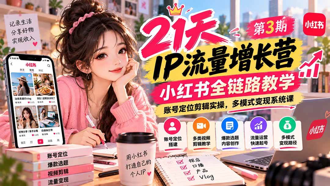 （20992期）【无水印】21天IP流量增长营-第3期，小红书全链路教学，账号定位剪辑实操，多模式变现系统课-易创网