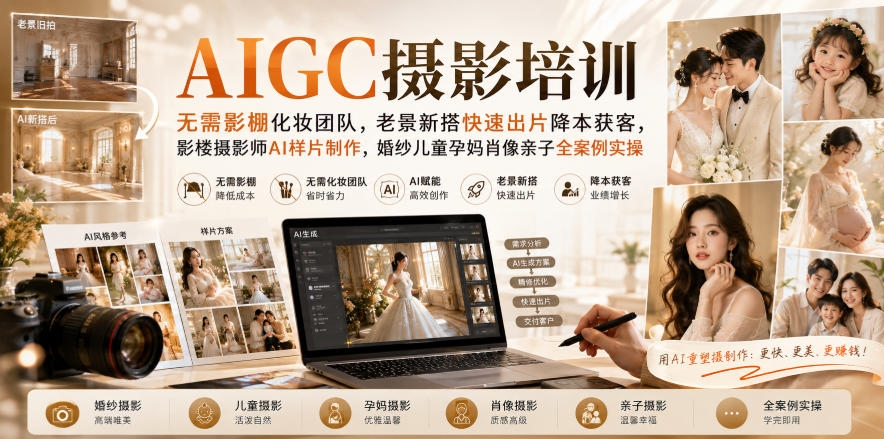 AIGC摄影培训｜无需影棚化妆团队，老景新搭快速出片降本获客，影楼摄影师AI样片制作，婚纱儿童孕妈肖像亲子全案例实操-易创网