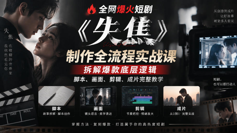 全网爆火短剧《失焦》制作全流程实战课｜拆解爆款底层逻辑，脚本、画面、剪辑、成片完整教学-易创网