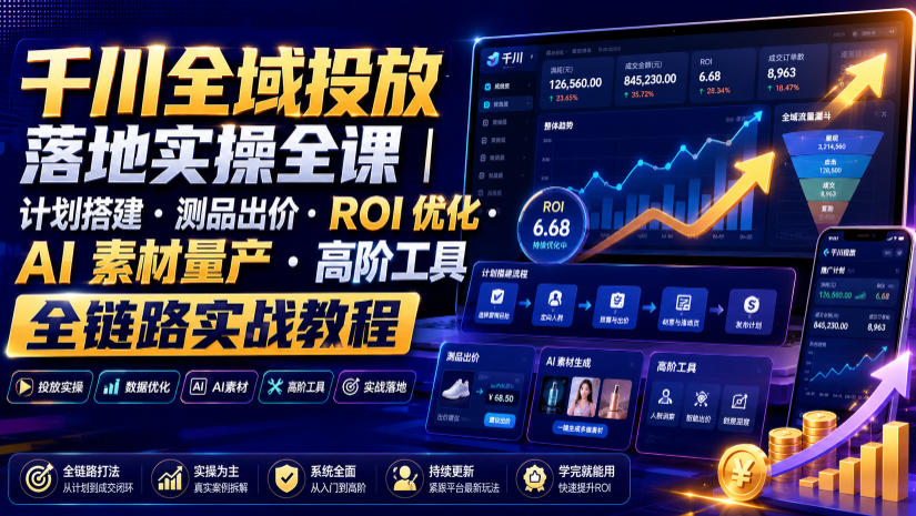 千川全域投放落地实操全课｜计划搭建・测品出价・ROI优化・AI素材量产・高阶工具全链路实战教程-易创网