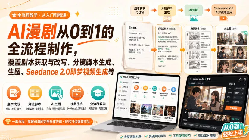 AI漫剧从0到1的全流程制作，覆盖剧本获取与改写、分镜脚本生成、角色场景生图与三视图、Seedance 2.0即梦视频生成(PDF版)-易创网