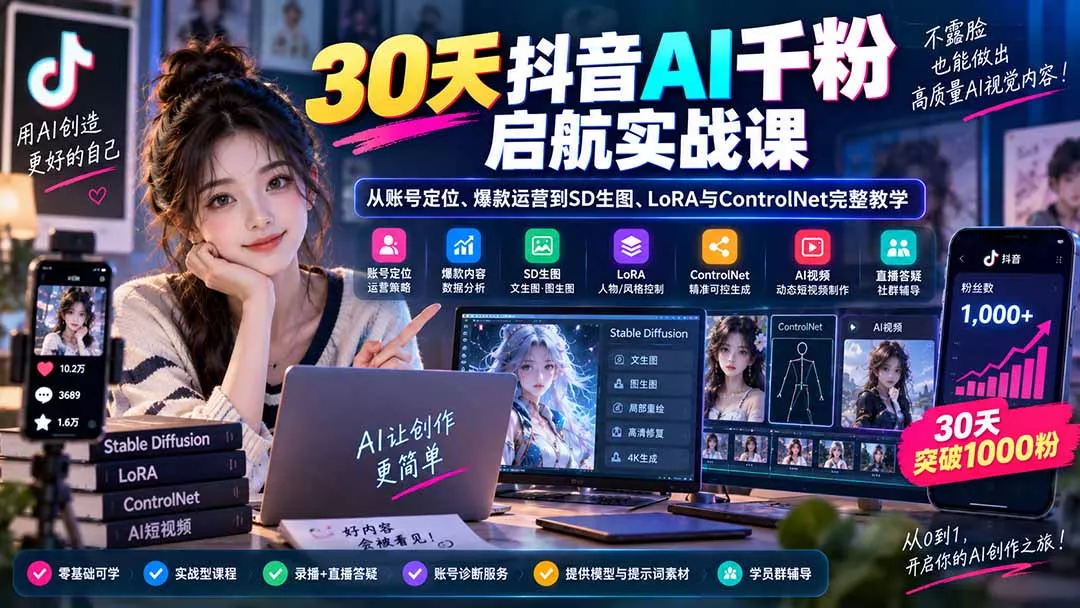 30天抖音AI千粉启航实战课：从账号定位、爆款运营到SD生图、LoRA与ControlNet完整教学-易创网