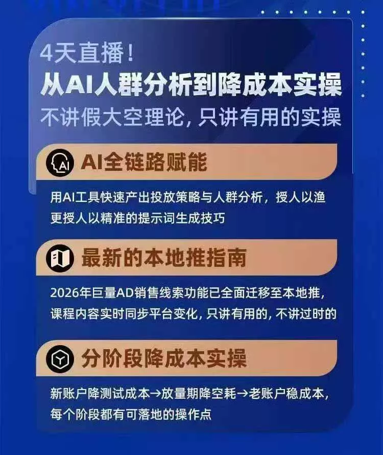 2026巨量AD本地推线索获客全流程实战课-33期：AI人群分析、账户搭建、7天测试、分阶段降本与投放优化-易创网