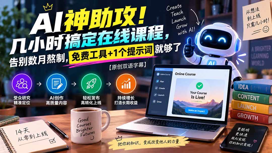 （20528期）AI神助攻！几小时搞定在线课程，告别数月熬制，免费工具+1个提示词就够了【原创双语字幕】-易创网