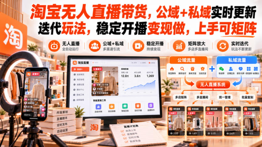 淘宝无人直播带货，公域+私域实时更新迭代玩法，稳定开播变现做，上手可矩阵【揭秘】-易创网