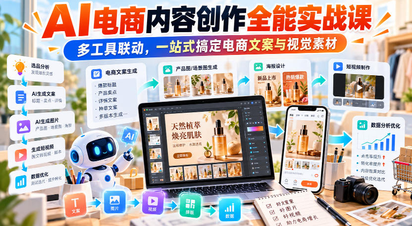 【无水印】AI电商内容创作全能实战课｜多工具联动，一站式搞定电商文案与视觉素材-易创网