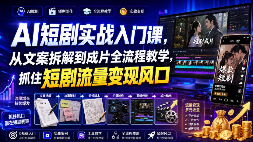 AI短剧实战入门课，从文案拆解到成片全流程教学，抓住短剧流量变现风口-易创网