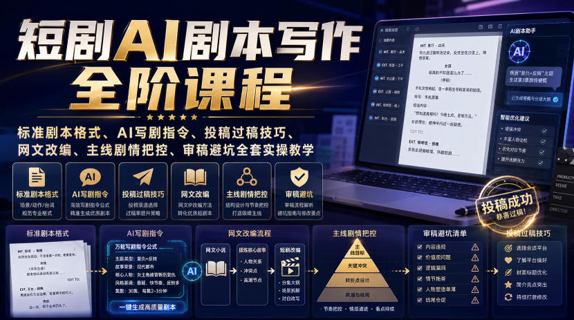短剧AI剧本写作全阶课程｜标准剧本格式、AI写剧指令、投稿过稿技巧、网文改编、主线剧情把控、审稿避坑全套实操教学-易创网