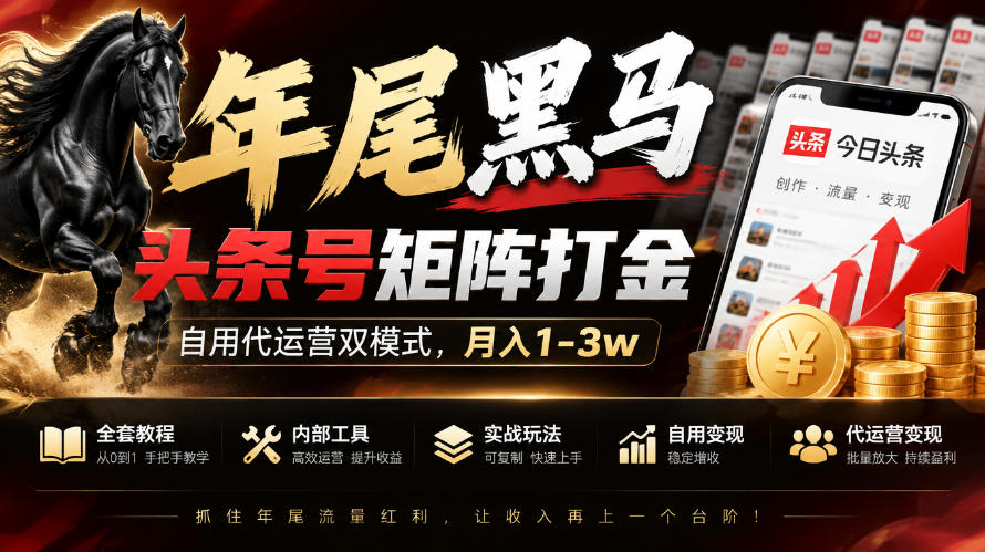 【年尾黑马】头条号矩阵打金，自用代运营双模式，月入1-3w，附全套教程及内部工具【揭秘】-易创网