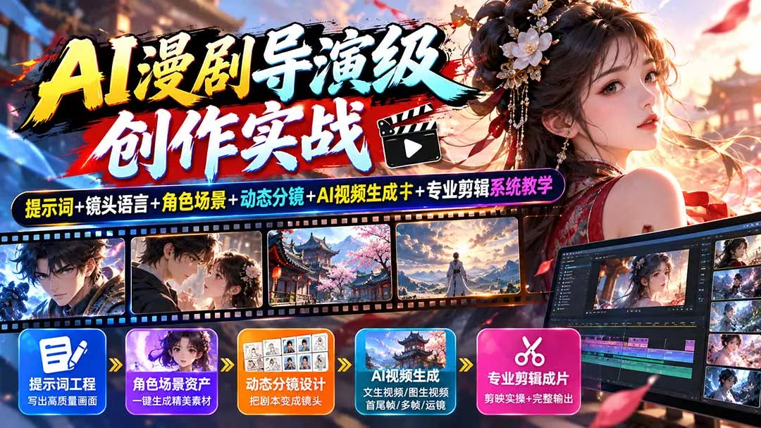AI漫剧导演级创作实战：提示词+镜头语言+角色场景+动态分镜+AI视频生成+专业剪辑系统教学-易创网