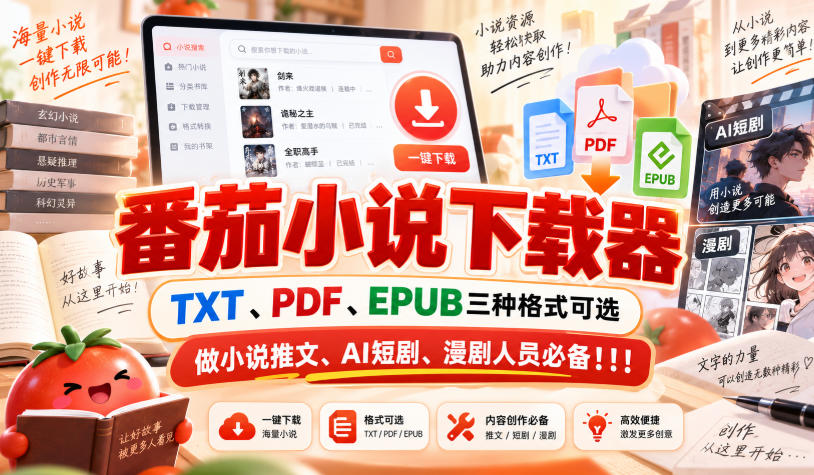 番茄小说下载器，TXT、PDF、EPUB三种格式可选，做小说推文、AI短剧、漫剧人员必备！！！-易创网