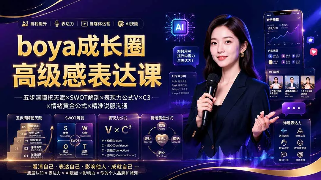 boya成长圈｜内心成长高级表达AI自媒体三合一，消解内耗挖掘天赋，镜头沟通AI指令短视频全流程教学-易创网