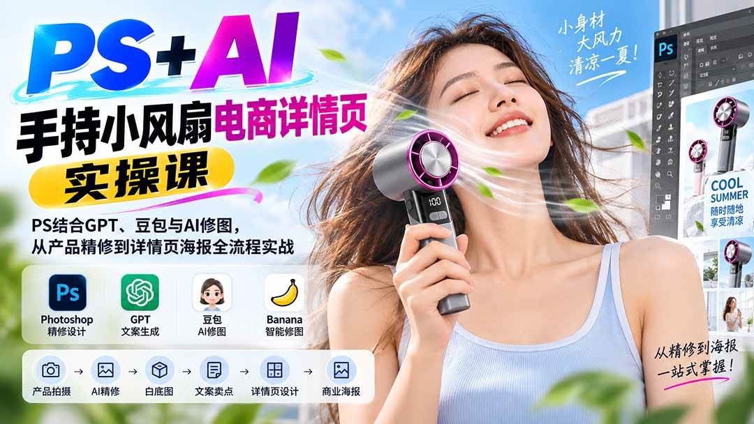 （20273期）PS+AI手持小风扇电商详情页实操课：PS结合GPT、豆包与AI修图，从产品精修到详情页海报全流程实战-易创网