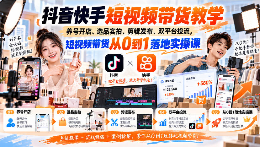 抖音快手短视频带货教学｜养号开店、选品实拍、剪辑发布、双平台投流，短视频带货从0到1落地实操课-易创网