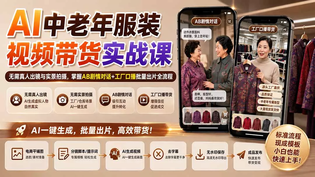 AI中老年服装视频带货实战课：无需真人出镜与实景拍摄，掌握AB剧情对话+工厂口播批量出片全流程-易创网