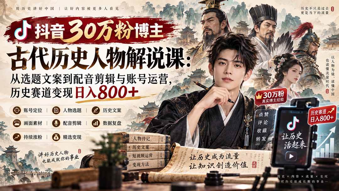（20441期）抖音30万粉博主古代历史人物解说课：从选题文案到配音剪辑与账号运营，历史赛道变现日入800+-易创网