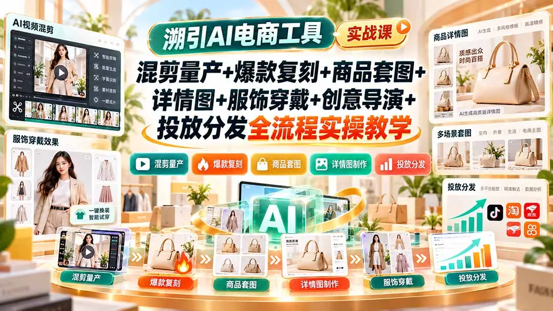 溯引AI电商工具实战课：混剪量产+爆款复刻+商品套图+详情图+服饰穿戴+创意导演+投放分发全流程实操教学-易创网